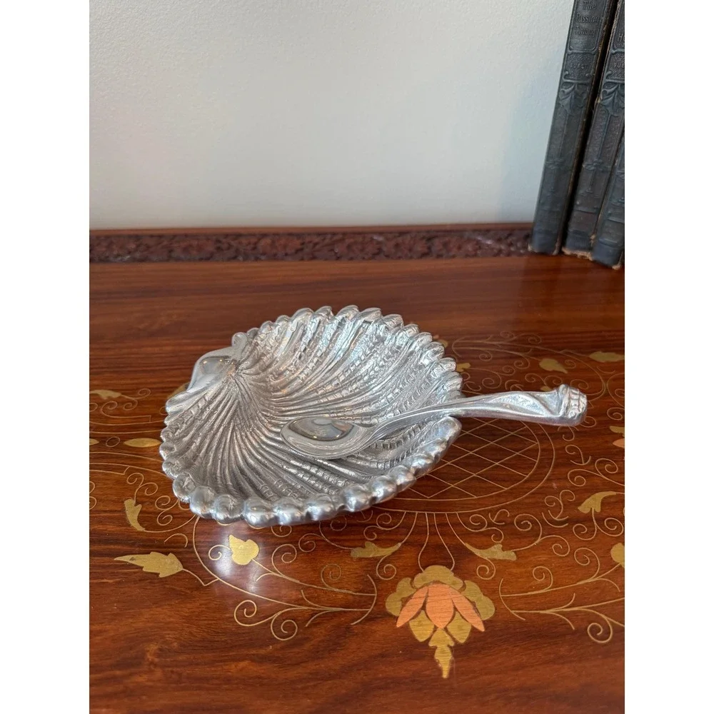 Vintage Shell Dish with‎ Spoon, Hand Cast Metal Scallop Bowl